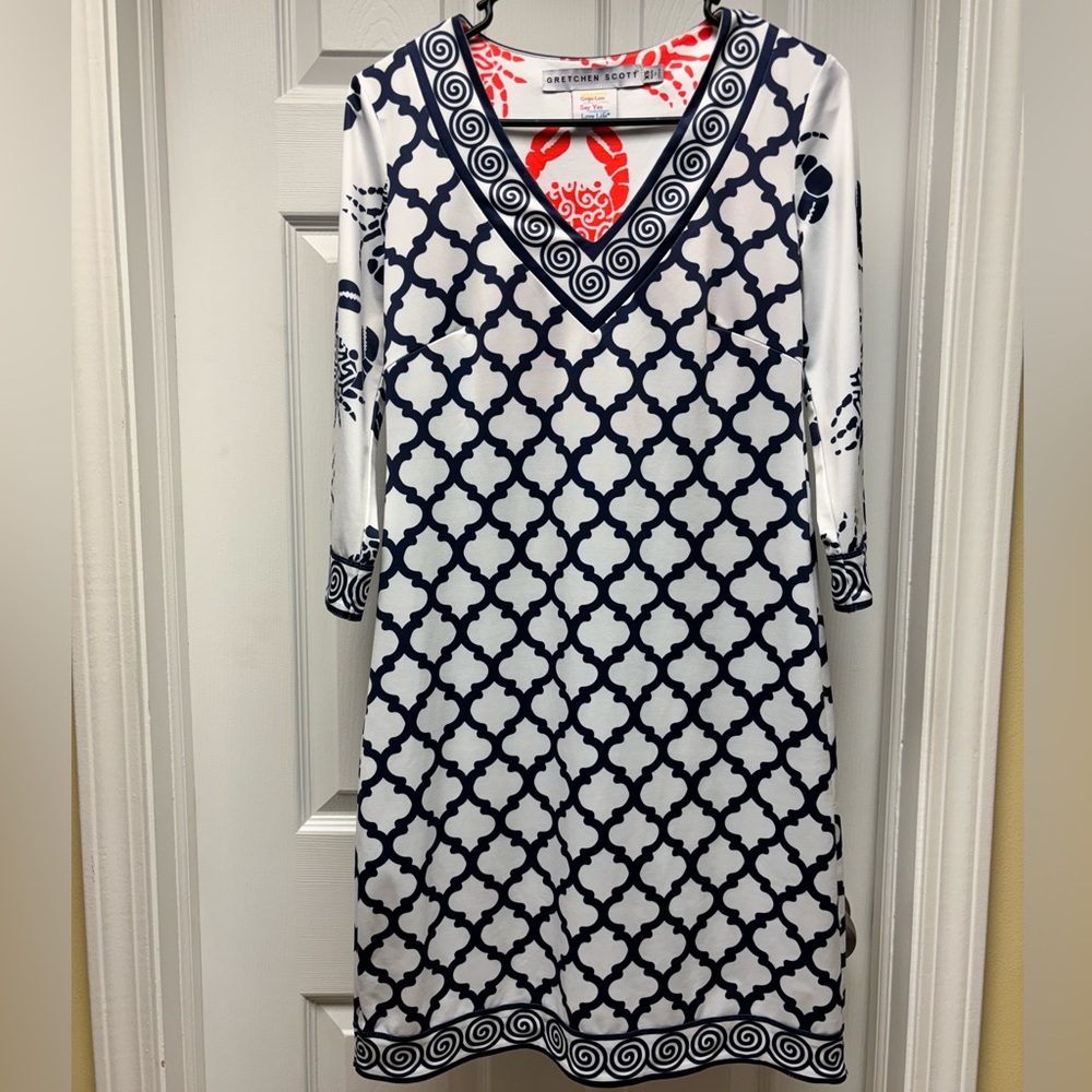 Gretchen Scott Navy & White Printed V-Neck Shift Dress | XS